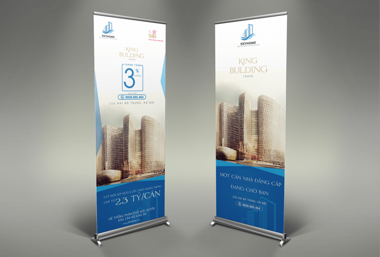 Đặt standee cuốn giá rẻ bằng nhôm